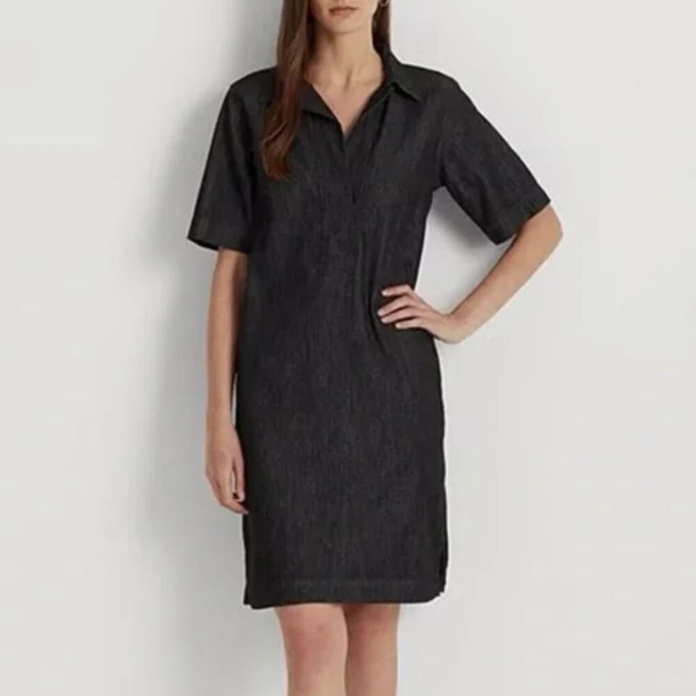RALPH LAUREN Denim Shift Johnny Collar Short Sleeve Shirt Dress Sz XS
